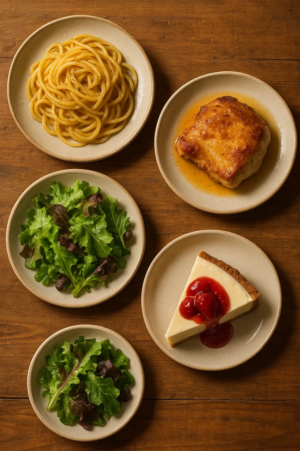 Overhead view of four small plates with pasta, chicken, salad, and dessert on a wooden table