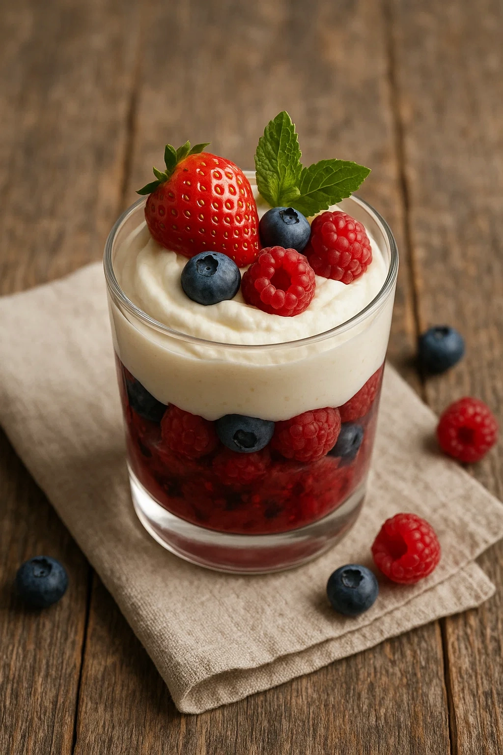 Layered berry dessert in a clear glass with whipped cream and fresh mint

