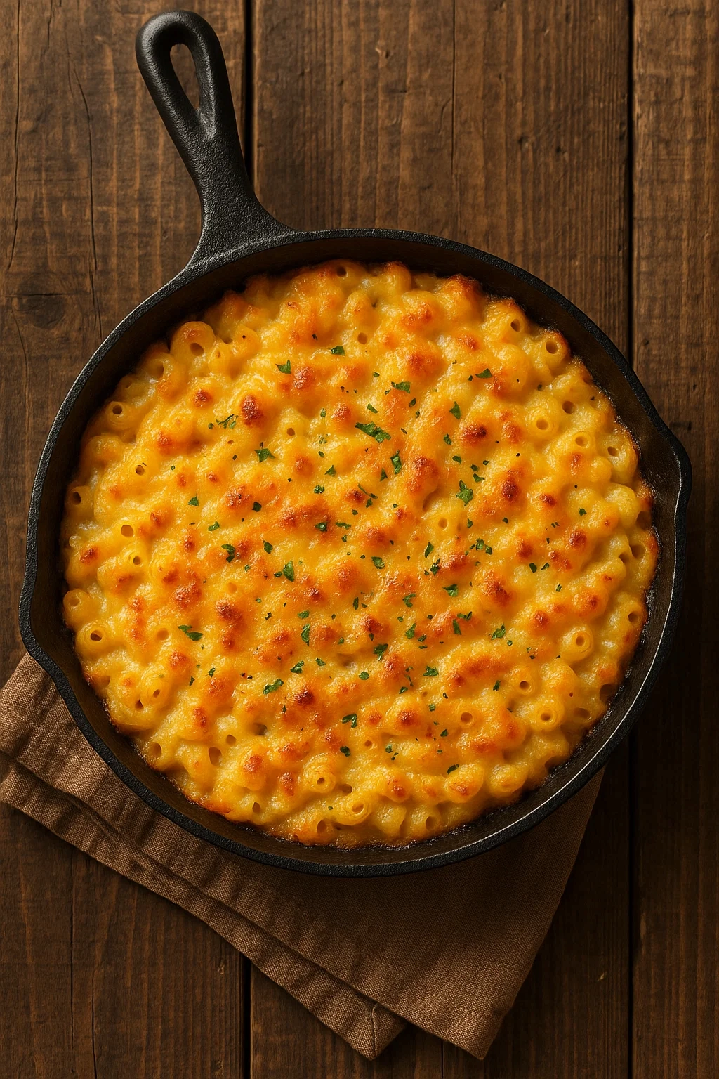 Golden baked mac and cheese in a cast iron skillet with herbs on a wooden table