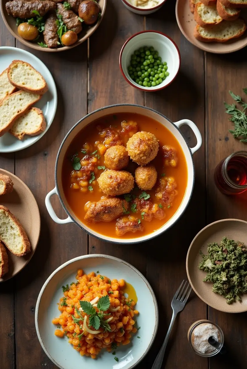 Top-down view of a hearty chicken stew served with bread slices, herbs, and sides