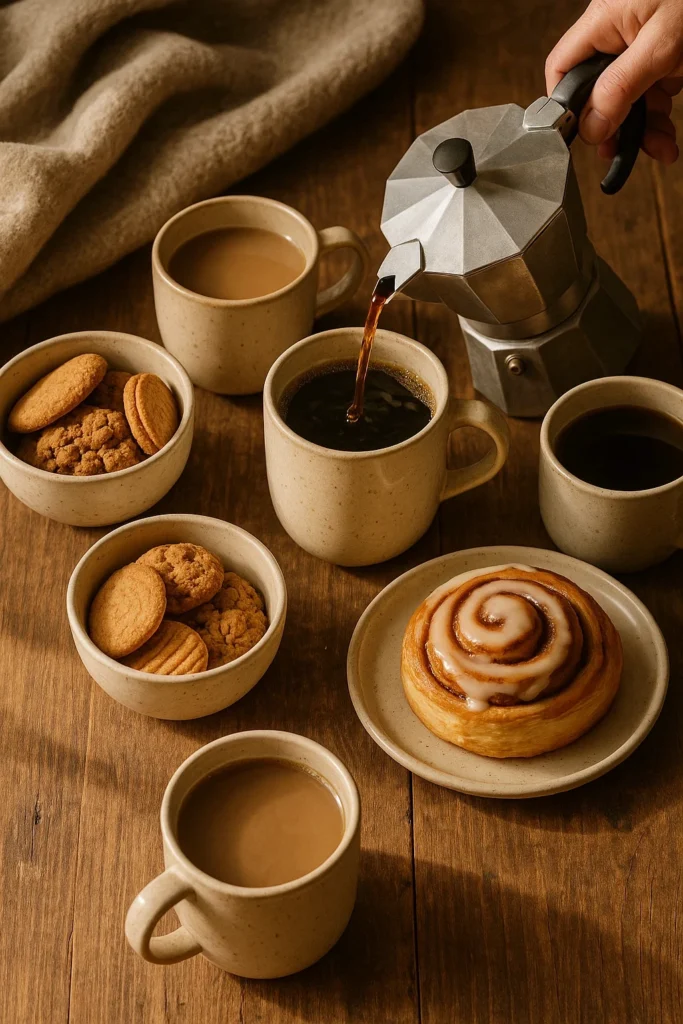 Fresh coffee being poured from a moka pot into a mug, with cookies and a cinnamon roll on a rustic wooden table