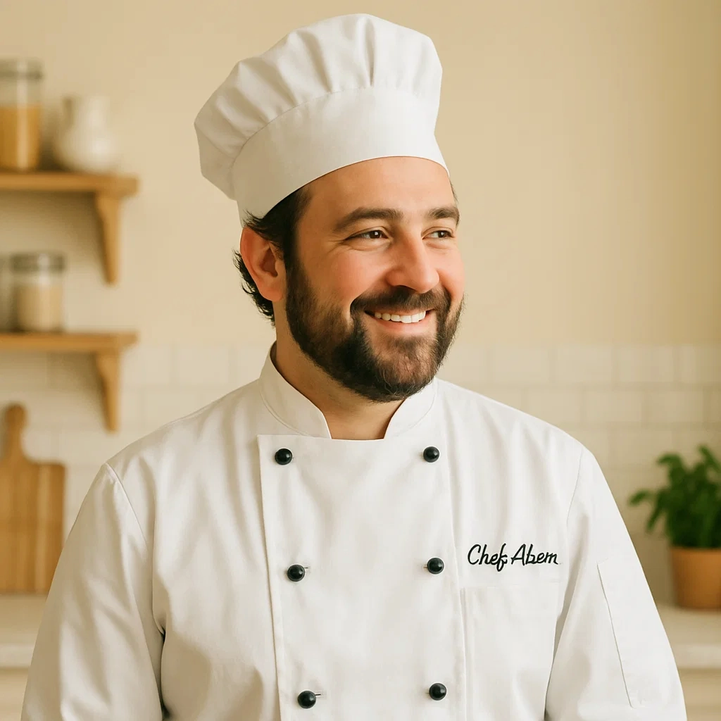 Chef Adam smiling in a white shirt, food blog portrait for Flavor and Recipes

