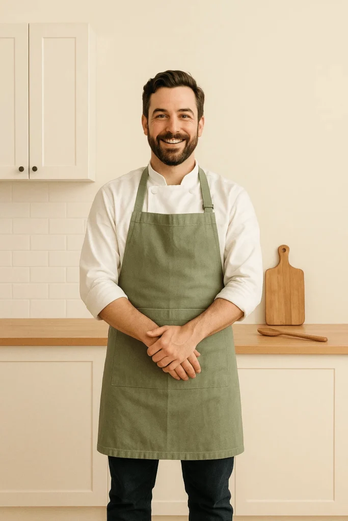 "Chef Adam standing in a bright kitchen wearing a white chef coat and green apron, smiling confidently"