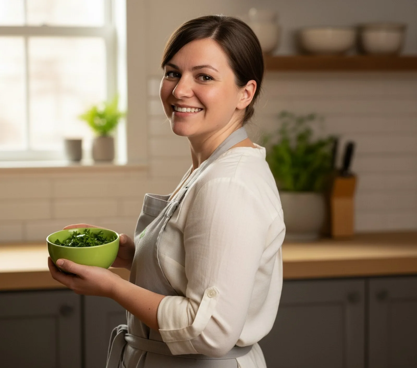 Chloe Harper β Food Blogger and Recipe Creator Chloe Harper, Chicago-based recipe creator and food blogger, holding a bowl of fresh herbs in her kitchen