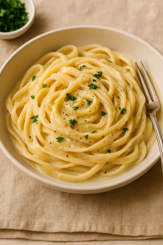 A creamy garlic parmesan pasta served in a white bowl, topped with parsley and parmesan shavings


