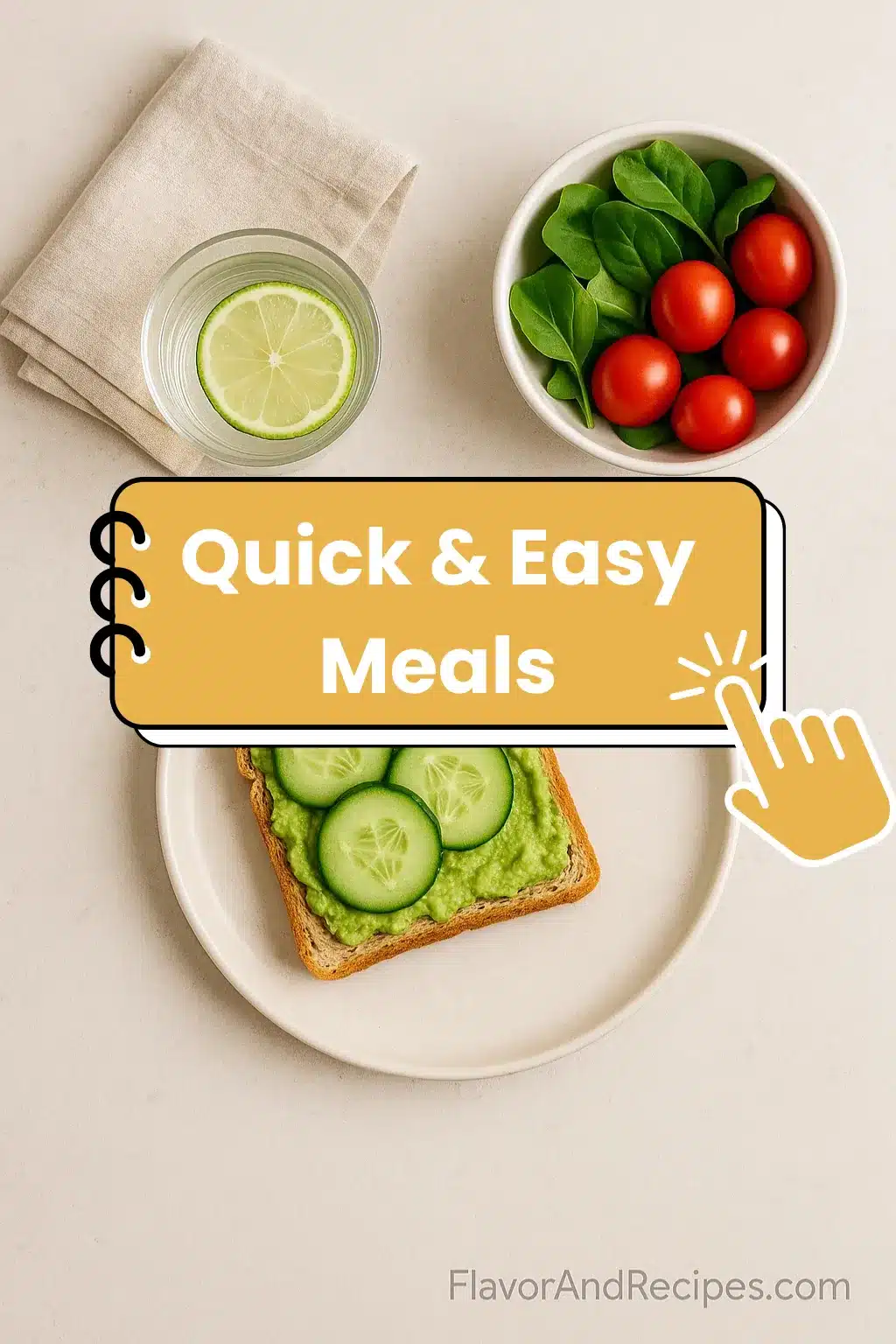 Quick & Easy Meals – FlavorAndRecipes Healthy-ish quick and easy meals featuring avocado toast, salad, and lime water on a light neutral background.