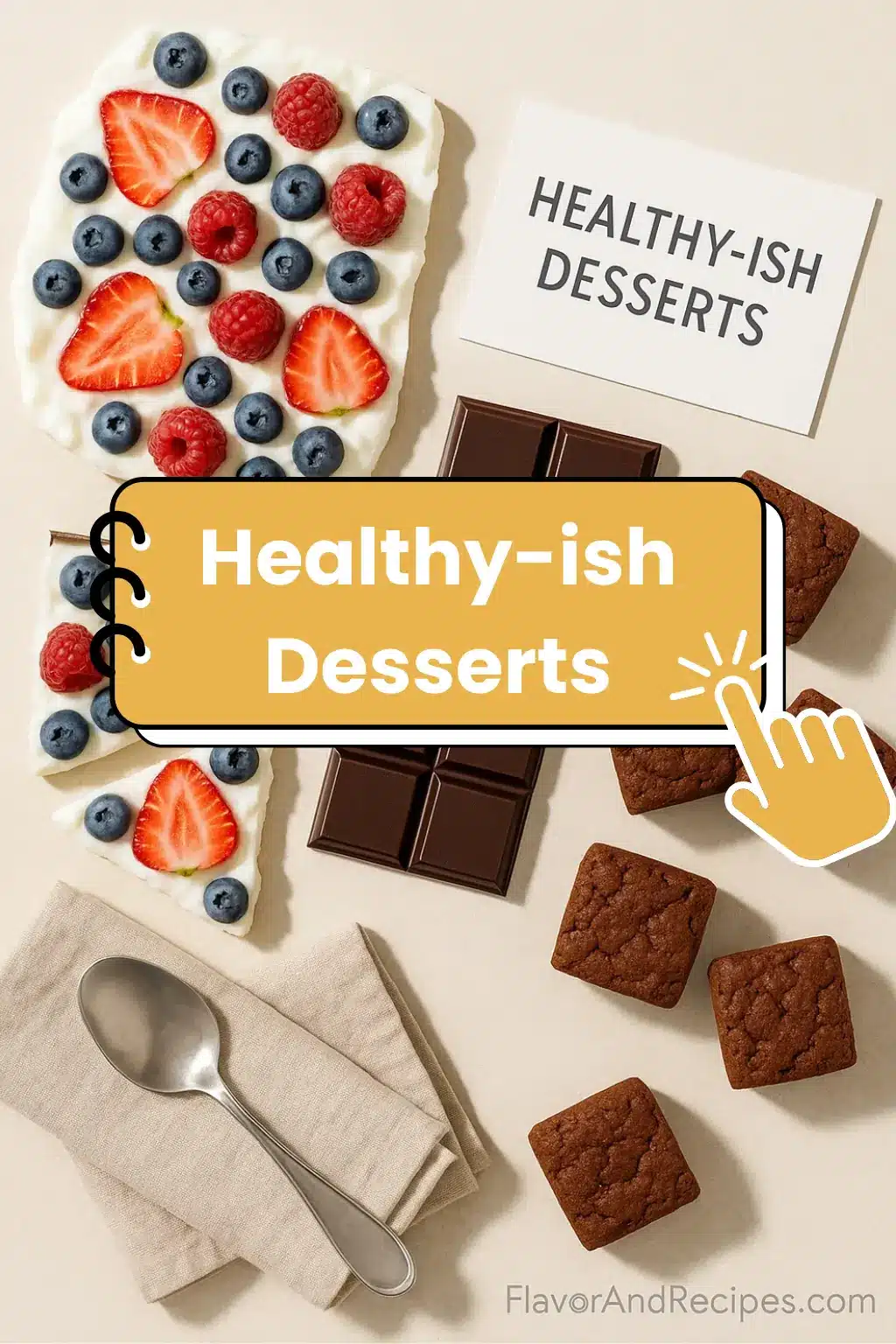Healthy-ish Desserts – FlavorAndRecipes Healthy-ish desserts including yogurt bark with berries, chocolate squares, and protein brownies on a light background.