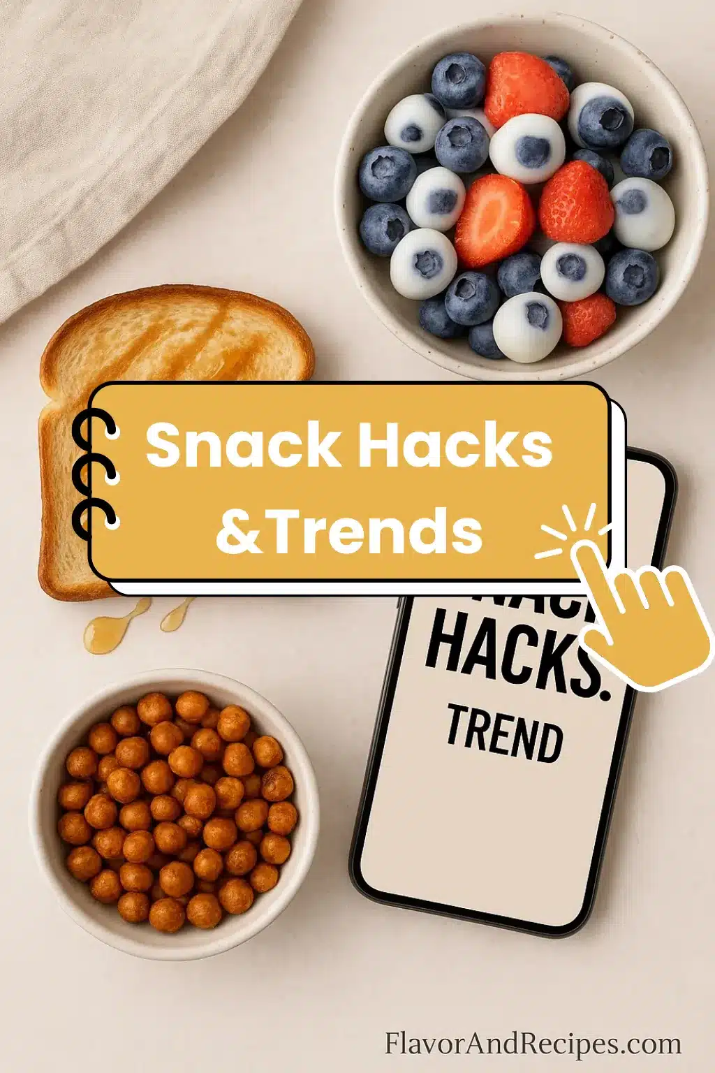 Snack Hacks & Trends – FlavorAndRecipes Viral snack hacks with TikTok toast, yogurt-covered berries, and crispy chickpeas on a light background.