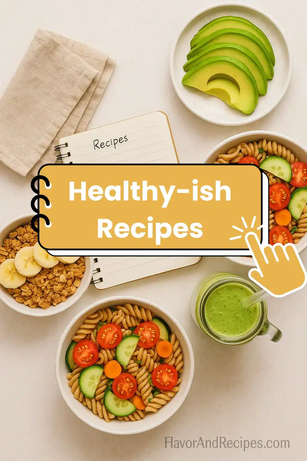 Healthy-ish Recipes – FlavorAndRecipes Healthy-ish recipes collection featuring avocado, pasta salad, granola bowl, and smoothie jar on a light background.