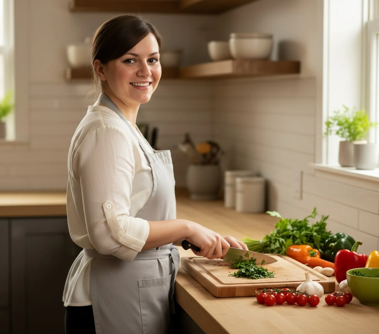 Chloe Harper cooking healthy-ish recipes for Flavor and Recipes Chloe Harper preparing fresh vegetables in the Flavor and Recipes kitchen