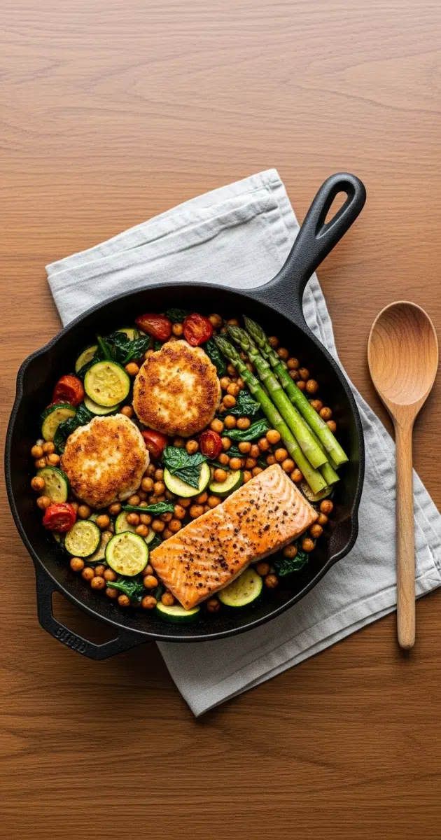 one-pan-15-minute-dinners-lifestyle-01 Cast-iron skillet with weeknight one-pan chicken and veggies on a warm wood table with a linen napkin.