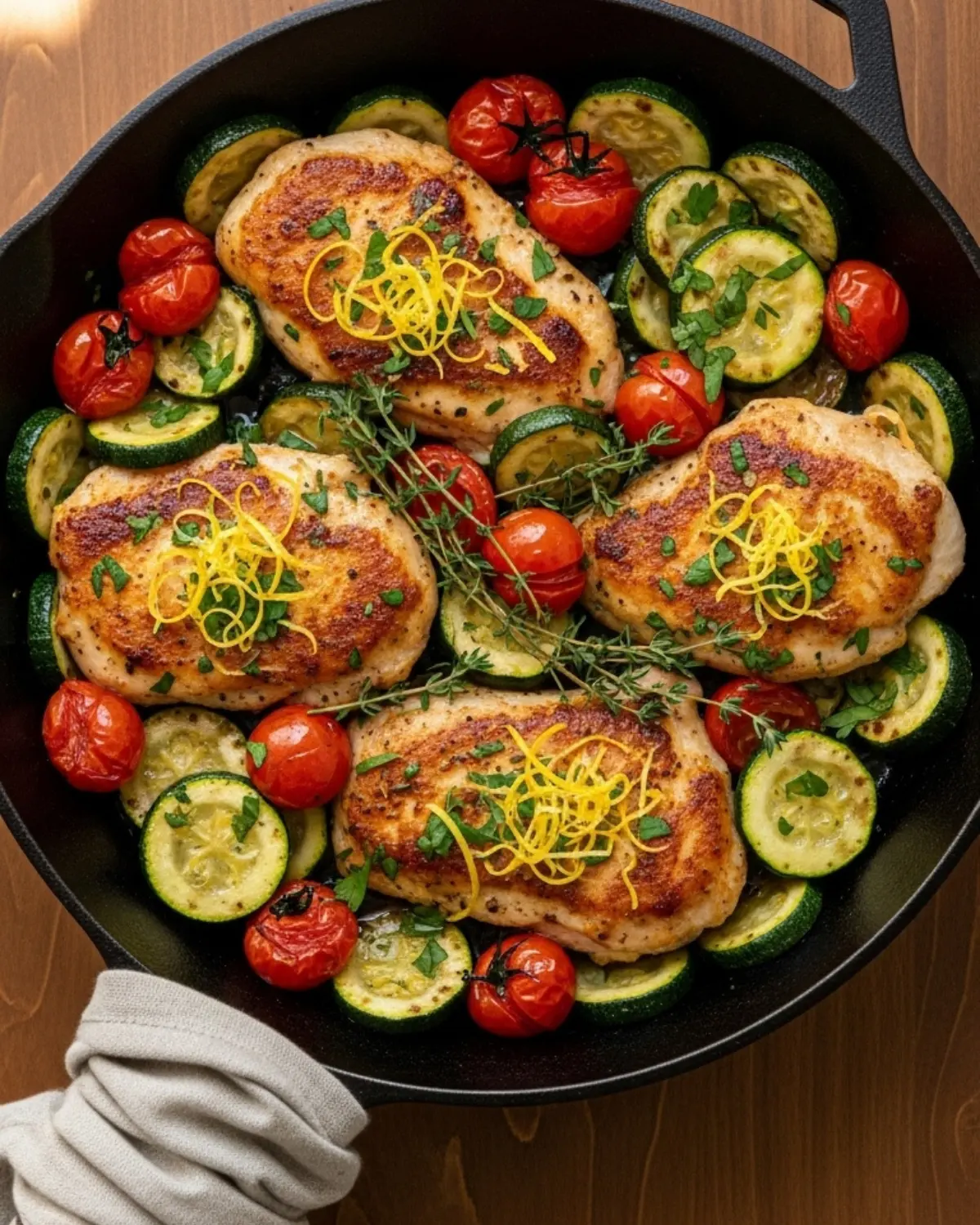 One-pan lemon-herb chicken cutlets with zucchini and tomatoes