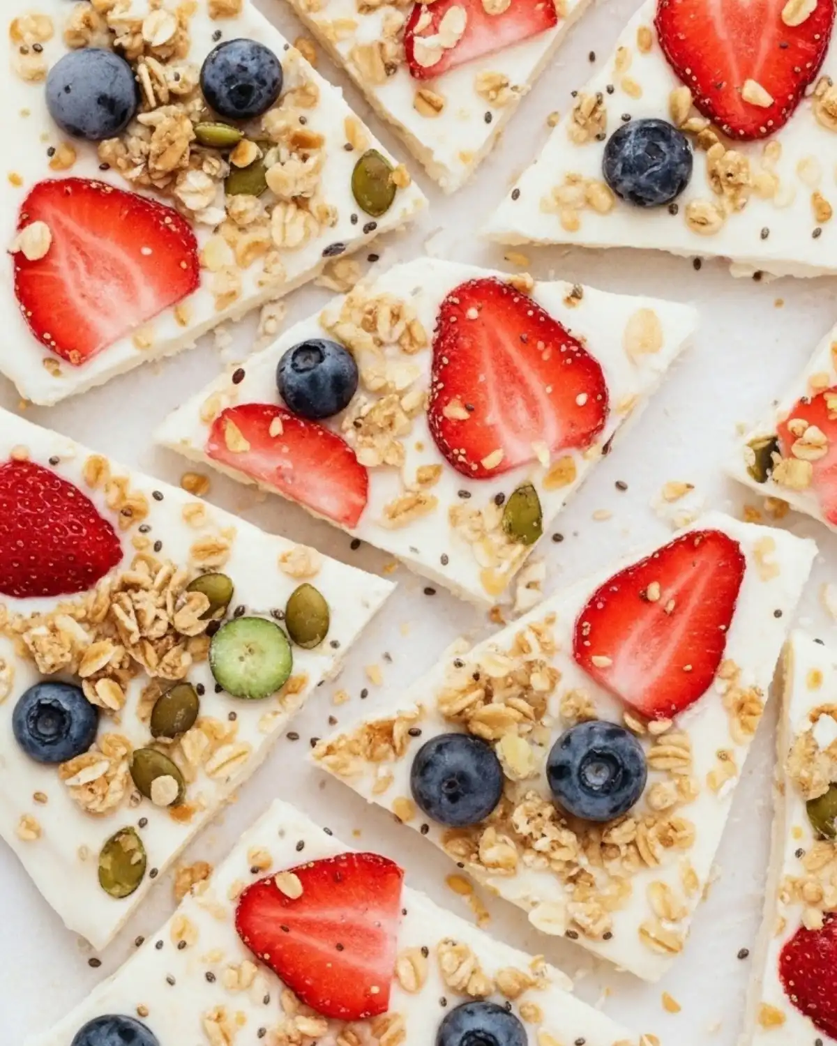 Frozen yogurt bark with berry jam swirl on parchment, slate-gray linen accent