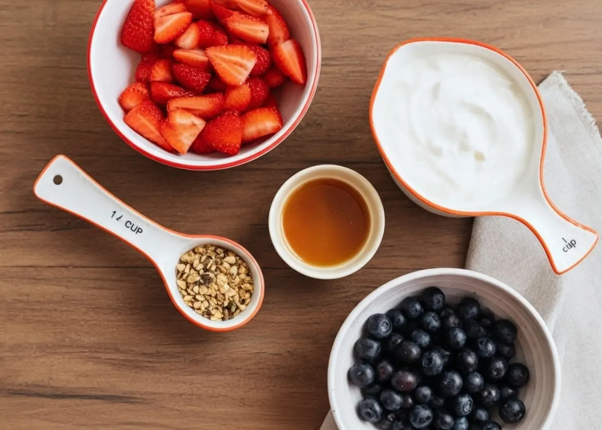 Yogurt Bark Ingredients Flat-lay of yogurt, thinned berry jam, and chopped berries on gray stone with slate-gray linen