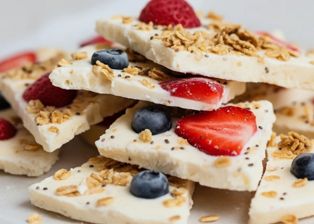 Serving Berry Swirl Yogurt Bark Hand breaking yogurt bark shard showing berry swirl and crisp snap, slate-gray linen