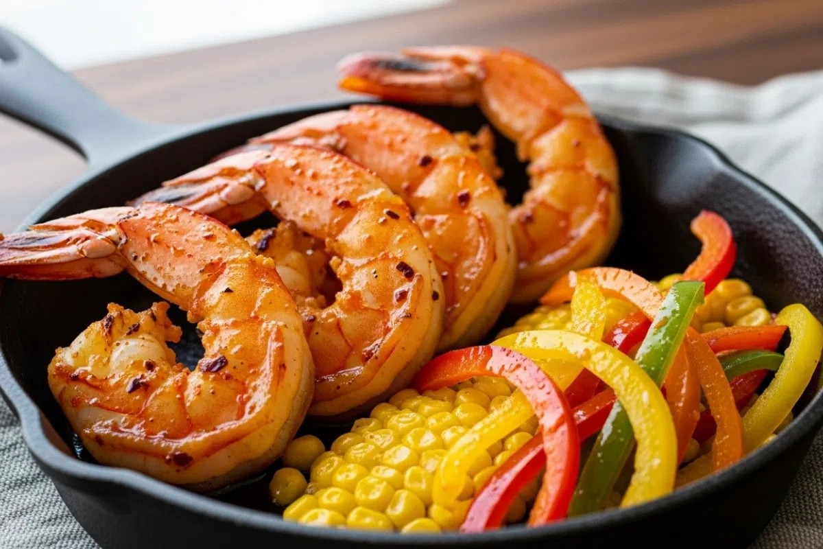 Chili-Lime Shrimp Close-Up close-up chili-lime shrimp with peppers and corn in a cast-iron skillet