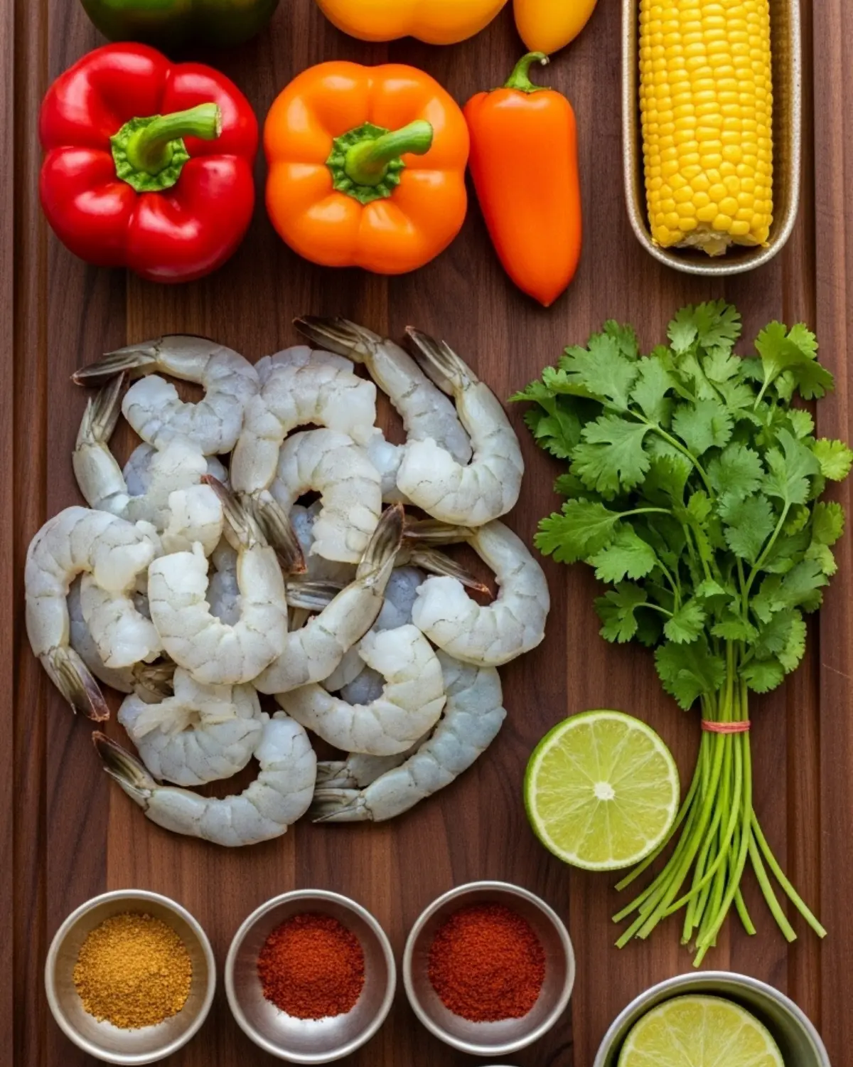 chili-lime-shrimp-ingredients ingredients for chili-lime shrimp - shrimp, peppers, corn, lime, spices