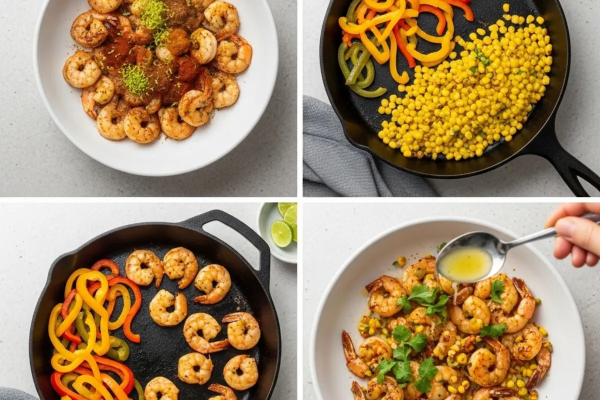 Chili-Lime Shrimp Process Collage process collage showing seasoning shrimp, charring peppers and corn, searing shrimp, and finishing with lime and cilantro for one-pan chili-lime shrimp