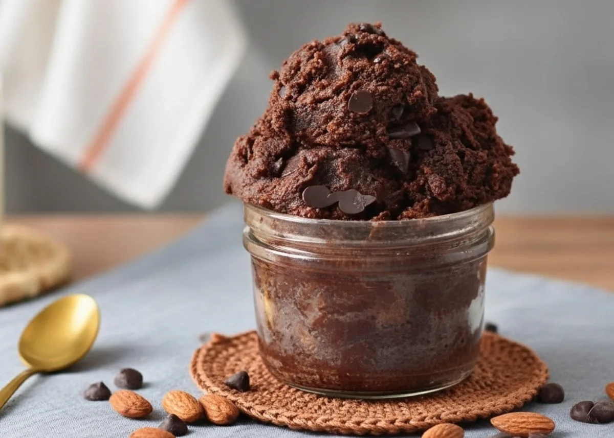 spoon scooping fudgy edible brownie batter with mini chocolate chips