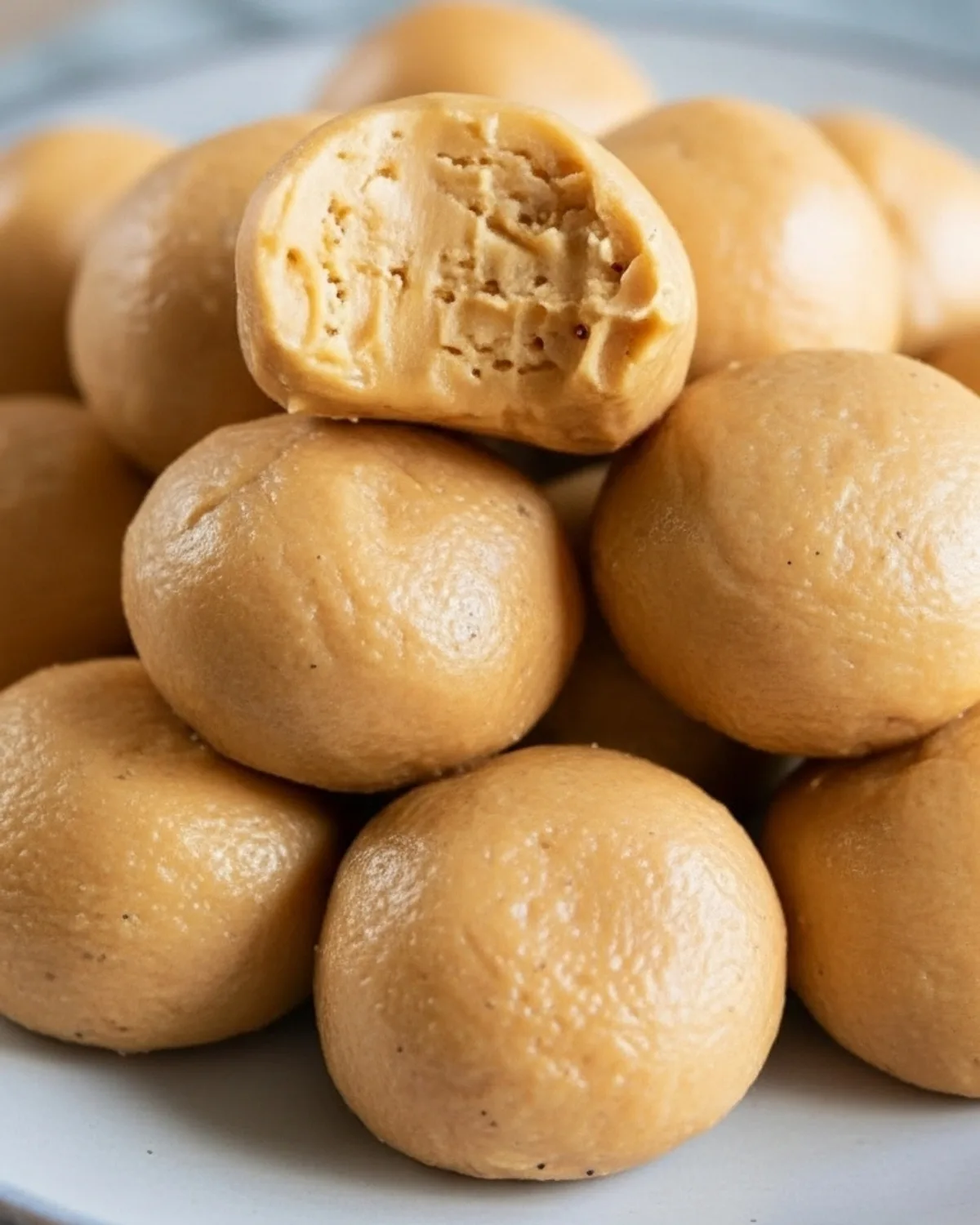 Home page 9 3-ingredient peanut butter balls (no bake) with a bite showing creamy texture