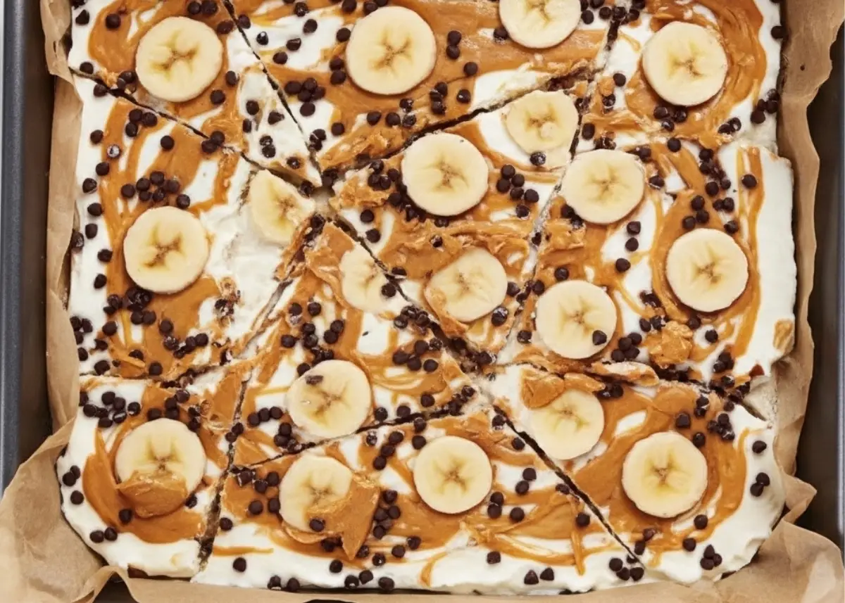 frozen yogurt bark with peanut butter, banana, and Greek yogurt – healthy snack