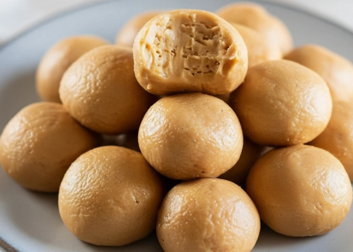 Hero: 3-Ingredient Peanut Butter Balls (No Bake) No-bake 3-ingredient peanut butter balls stacked on a plate, bite revealing center