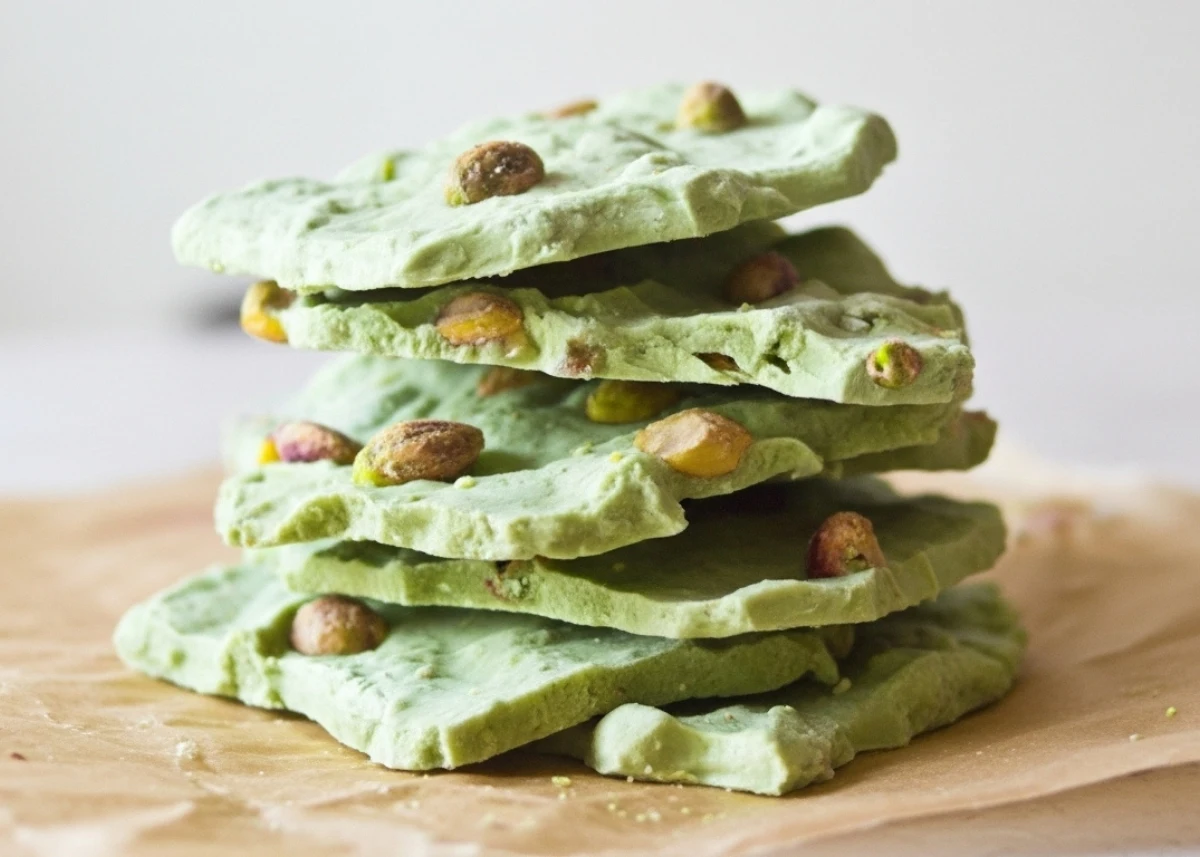 Matcha Yogurt Bark – Pistachio Hero Frozen matcha Greek yogurt bark with pistachios on parchment, 1/4-inch thick