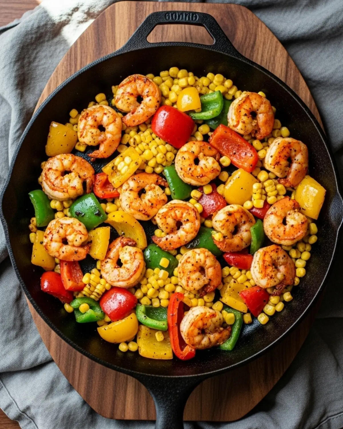 one-pan chili-lime shrimp with peppers and corn in a cast-iron skillet -15-minute dinner
