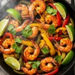 "The Best Chili-Lime Shrimp You'll Make This Year" 2 one-pan chili-lime shrimp with peppers and corn in a cast-iron skillet -15-minute dinner