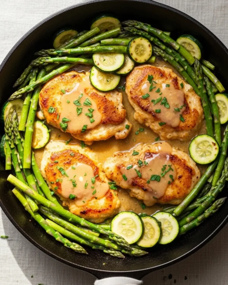 one-pan 15-minute lemon-herb chicken with asparagus and zucchini in skillet, quick weeknight