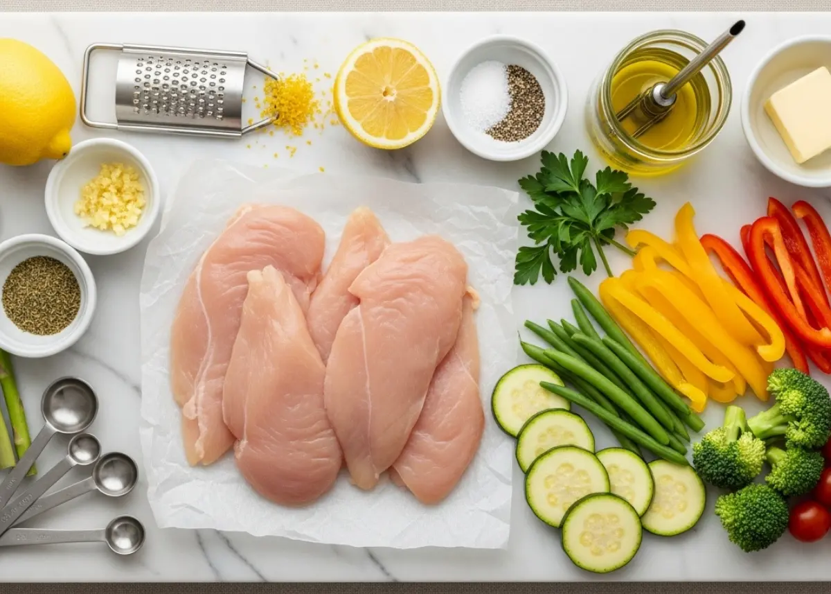 ingredients for 15-minute one-pan lemon-herb chicken with fresh veggies (chicken cutlets, lemon, oregano, garlic, olive oil, parsley, quick-cook vegetables)