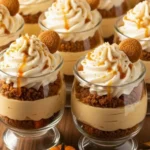 close-up pumpkin cheesecake trifle cup with gingersnap crumbs and whipped cream