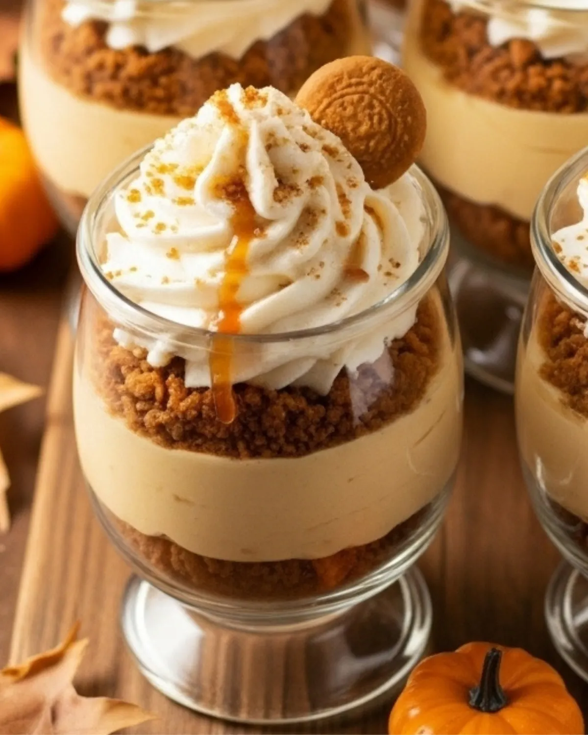 Home page 6 mini no-bake pumpkin cheesecake trifle cups with gingersnap crumbs, whipped cream swirls, and caramel drizzle