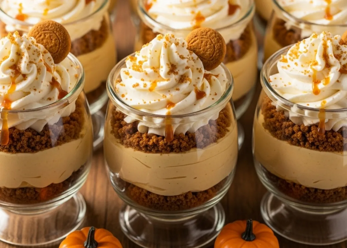 row of pumpkin cheesecake trifle cups with caramel drips and whipped cream