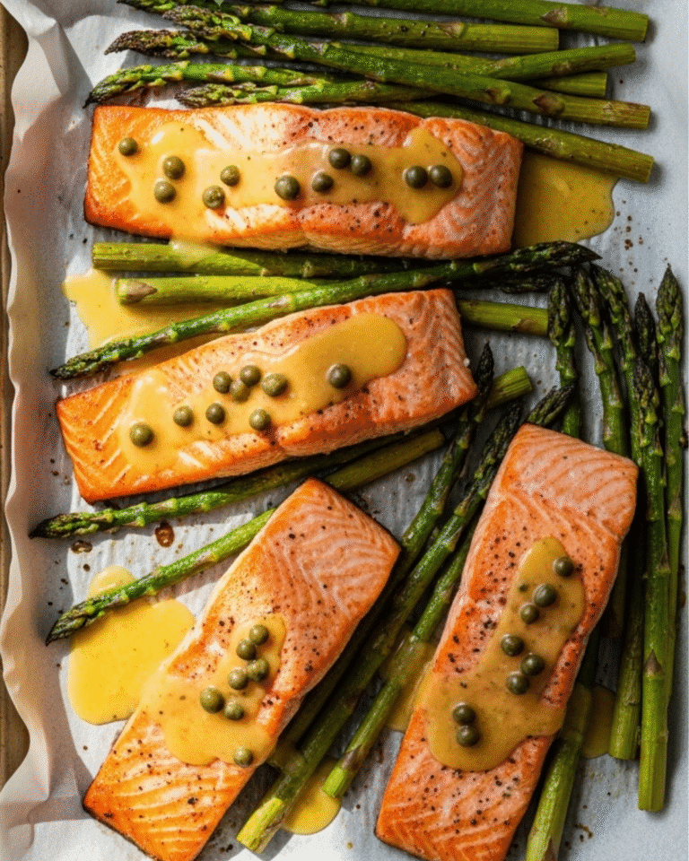 One-pan sheet pan salmon with asparagus and lemon-caper butter (425°F, 20 minutes)