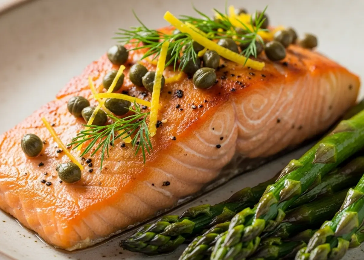 Flaky medium-rare salmon with asparagus, capers, lemon, and dill