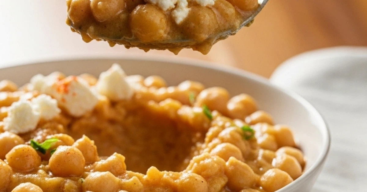 close-up creamy smoky chickpeas with spinach and feta in skillet