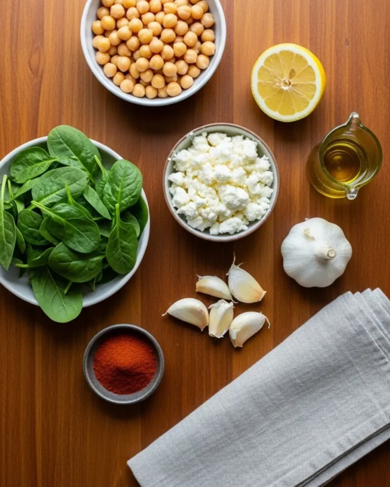 ingredients for one-pan smoky chickpeas with spinach and feta
