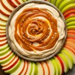 Caramel Apple Cheesecake Dip 2 Caramel apple cheesecake dip in a bowl with caramel swirl and sliced apples