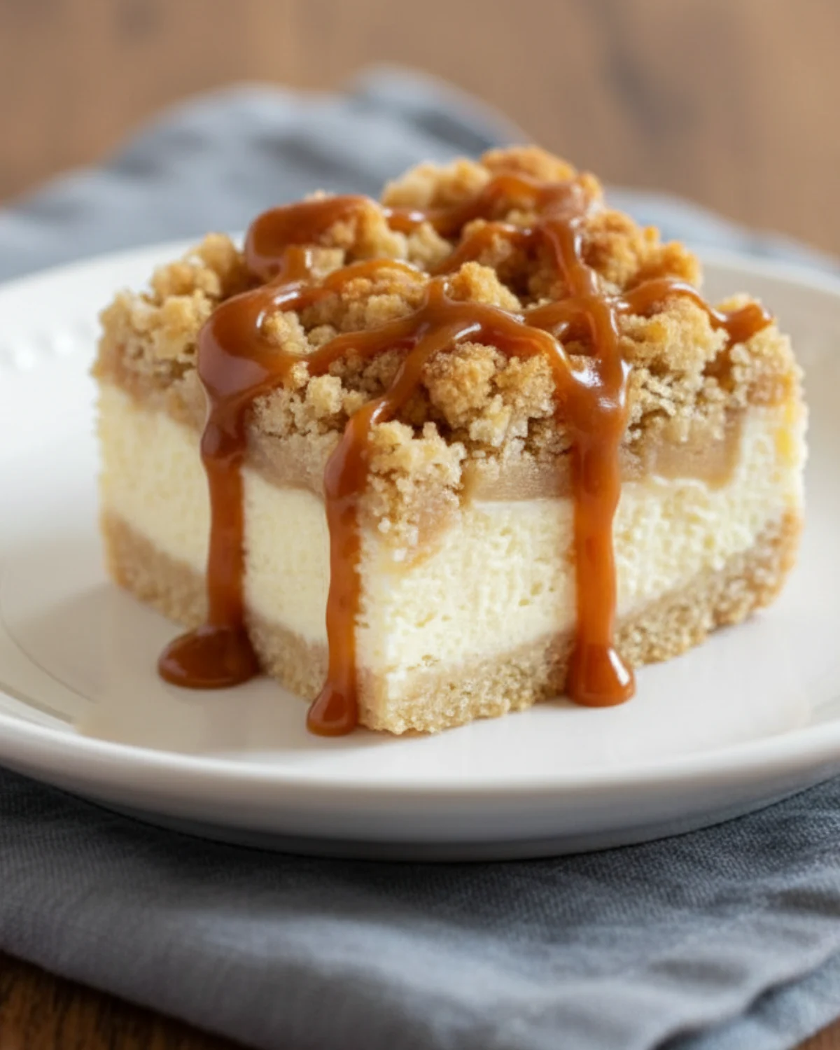 Home page 4 Caramel Apple Cheesecake Bars with glossy caramel drizzle and chopped pecans.