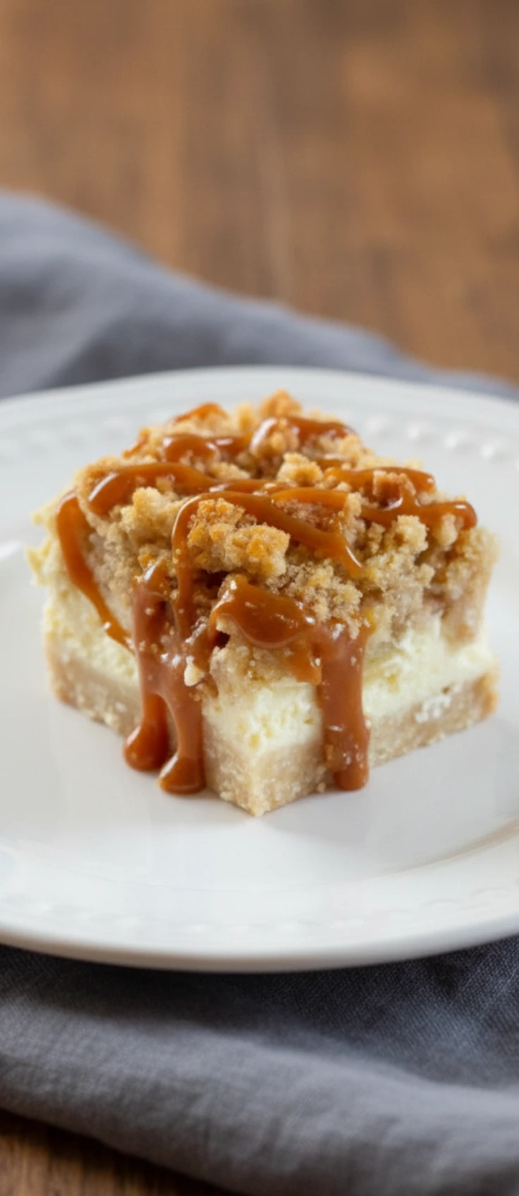 Tray of caramel apple cheesecake bars on parchment with caramel swirls.