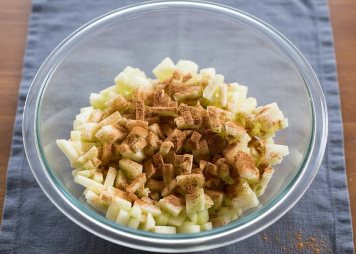 Even layer of diced apples tossed with cinnamon and sugar.