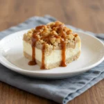 Caramel Apple Cheesecake Bars with caramel drizzle and pecan crumble on top.