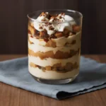 layered caramel pear cheesecake cups in glass