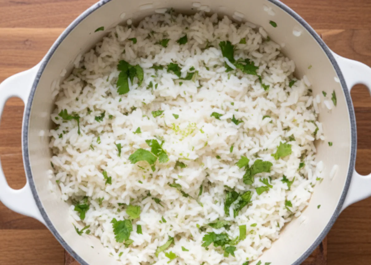 Fluffy cilantro lime rice being fluffed and folded with chopped cilantro and lime zest
