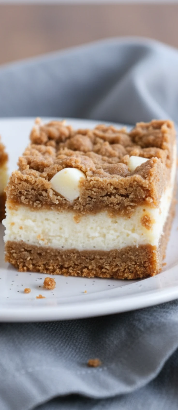 Gingerbread cheesecake bars stacked on parchment showing creamy layer and spiced cookie crust