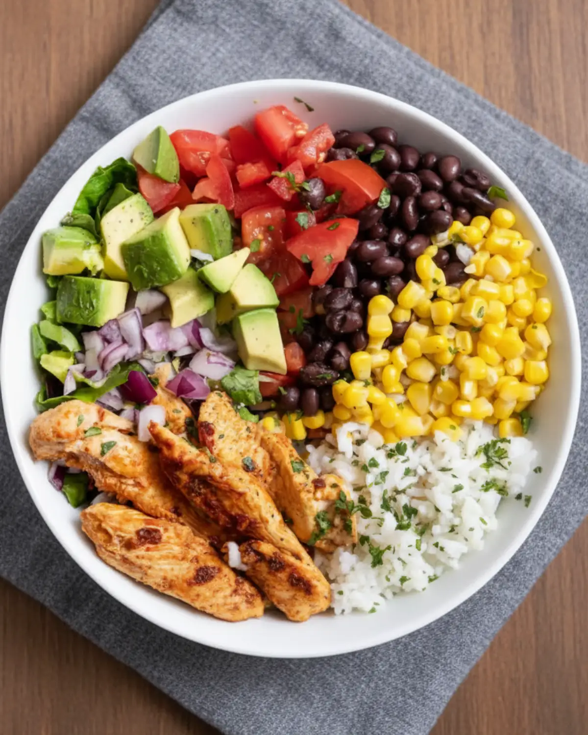 High-Protein Chicken Burrito Bowls with cilantro lime rice, chipotle chicken, black beans, avocado