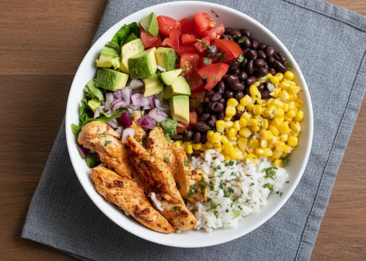 Recipe card for High-Protein Chicken Burrito Bowls with macros and meal prep notes