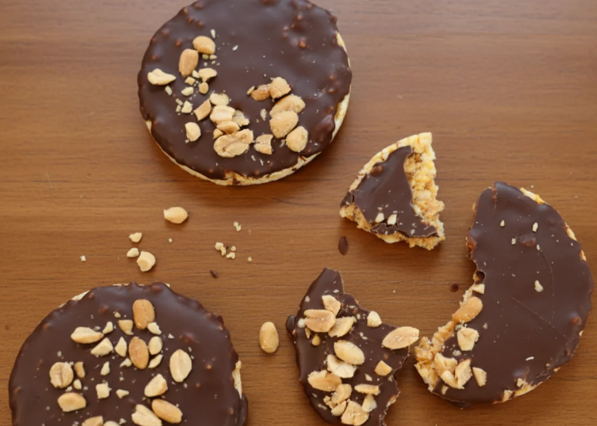mini chocolate rice cakes with nut butter close angle