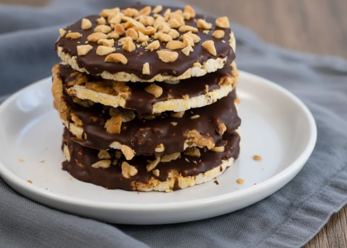 mini chocolate rice cakes with nut butter stacked on a plate (no-bake)